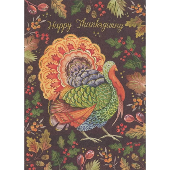RSVP Multi-Colored Turkey with Gold Foil Patterns Surrounded by Fall Foliage Thanksgiving Card