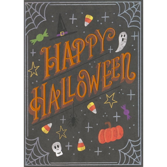 RSVP Orange Foil Lettering, Candy Corn, Pumpkin, Ghost and Spider Webs on Black Halloween Card