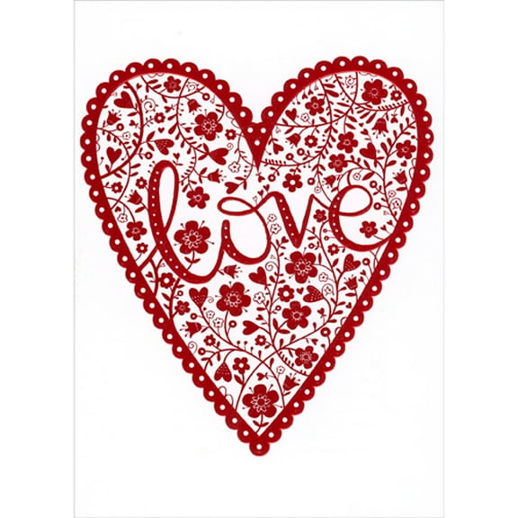 RSVP Red Foil Lacy Flowers and Curving Stems Love Heart Romantic Valentine's Day Card for Wife, Husband, Girlfriend or Boyfriend
