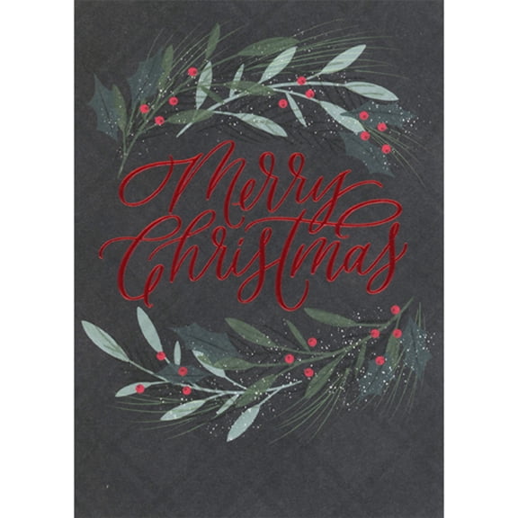 RSVP Red Foil Swirling Merry Christmas Letters and Mistletoe Border on Dark Christmas Card