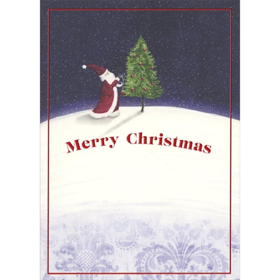 RSVP Santa Decorating Single Tree on Hill Under Snow Filled Dark Sky Christmas Card