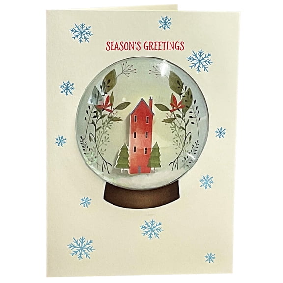 RSVP Season's Greetings: 3D Snowglobe Confetti Shaker with Tall Red House Christmas Card
