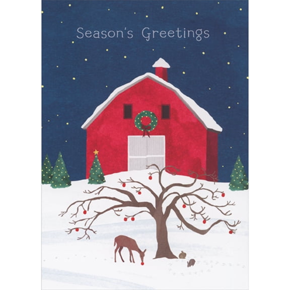 RSVP Season's Greetings: Red Barn and Deer Under Apple Tree with Twisting Branches Christmas / Holiday Card