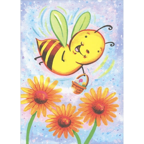 RSVP Smiling Bumblebee with Basket Flying Over Three Orange Flowers Easter Card