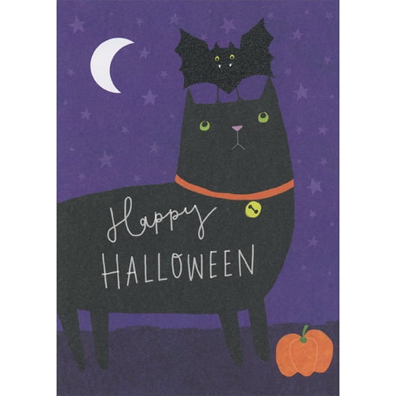 RSVP Sparkling Bat Standing on Head of Black Cat Juvenile Halloween Card for Kids