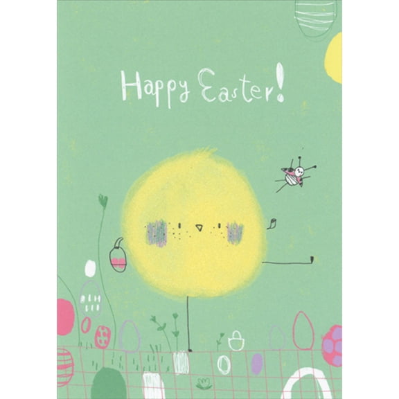 RSVP Sparkling Yellow Chick with Thin Legs and Ladybug on Green Easter Card