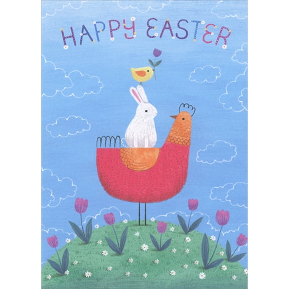 RSVP Stacked Red and Orange Chicken, White Bunny and Yellow Chick Easter Card