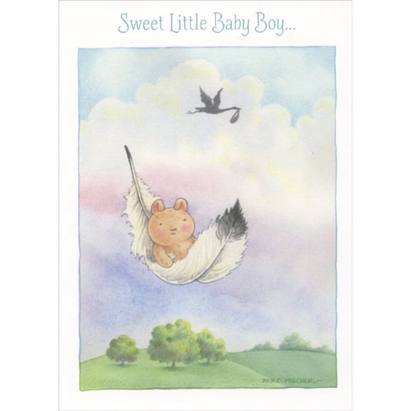 RSVP Sweet Little Baby Boy: Bear Floating Down on Large Feather Congratulations New Baby Card for Boy