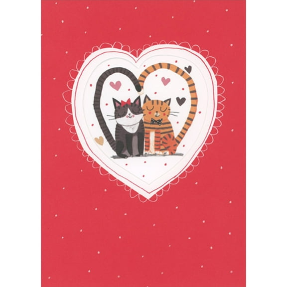 RSVP Two Cats with Tails Looping in Heart Shape Inside Die Cut Window Romantic Valentine's Day Card