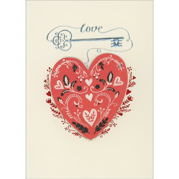 RSVP Vintage Silver Key and Love Connected to 3D Tip On Heart Hand Decorated Romantic Valentine's Day Card