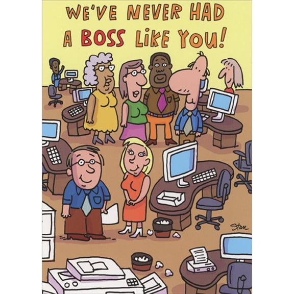 RSVP We've Never Had a Boss Like You: Smiling People Standing Near Desks Funny / Humorous Boss's Day Card
