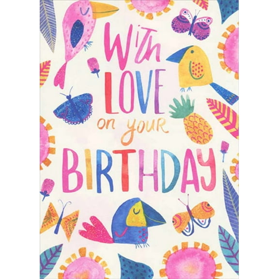 RSVP With Love : Pink, Blue and Orange Sparkling Birds, Butterflies and Flowers Birthday Card for Daughter