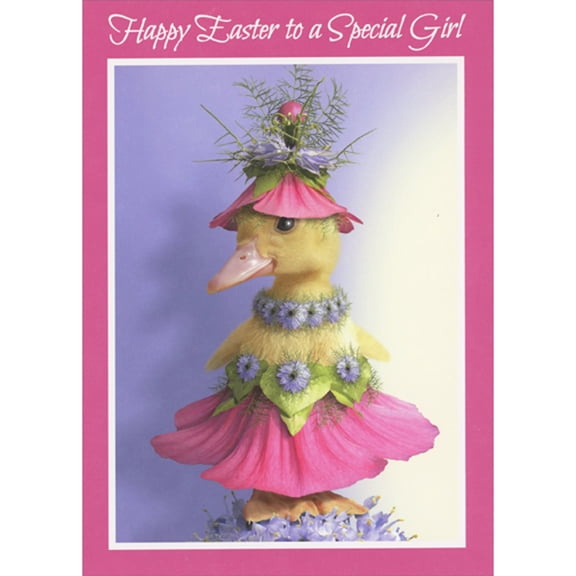 RSVP Yellow Chick Dressed in Pink, Purple and Green Flower Outfit Easter Card for Young Girl