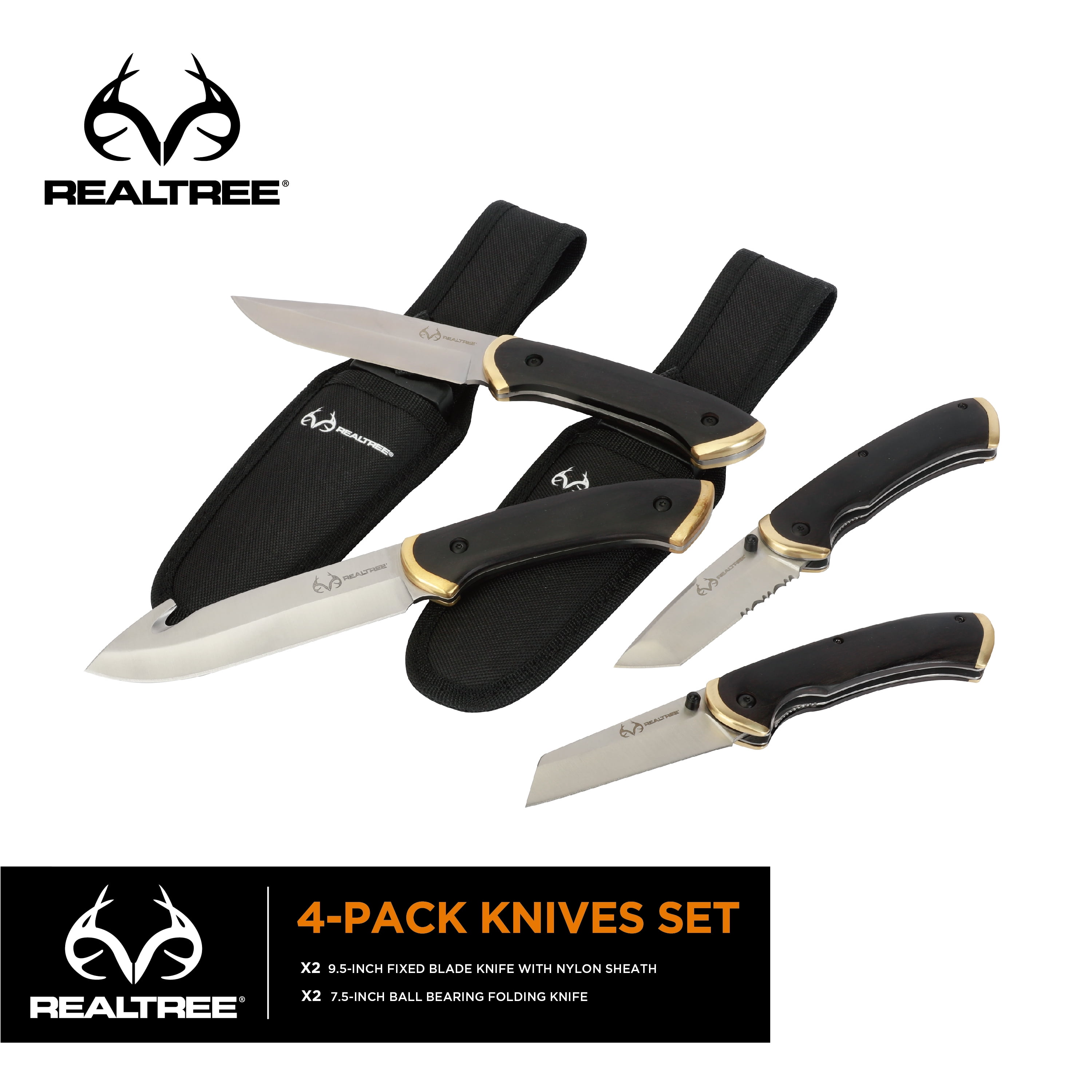 RealTree 4-Pack Knife Set, Fixed & Folding 7Cr17MoV Steel Blades