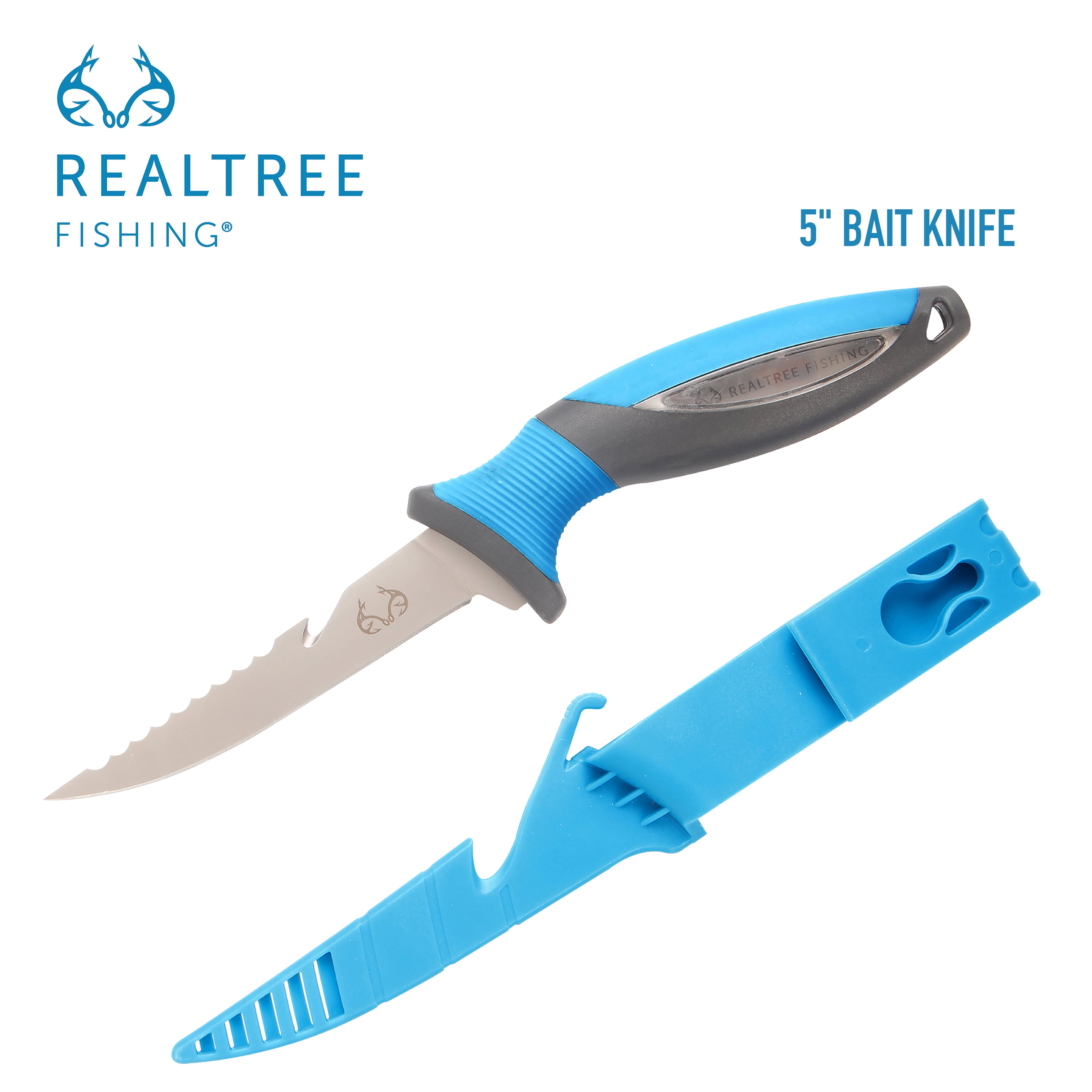 Realtree Fishing Stainless Steel Bait Knife 5-inch Blade Length Black and Blue