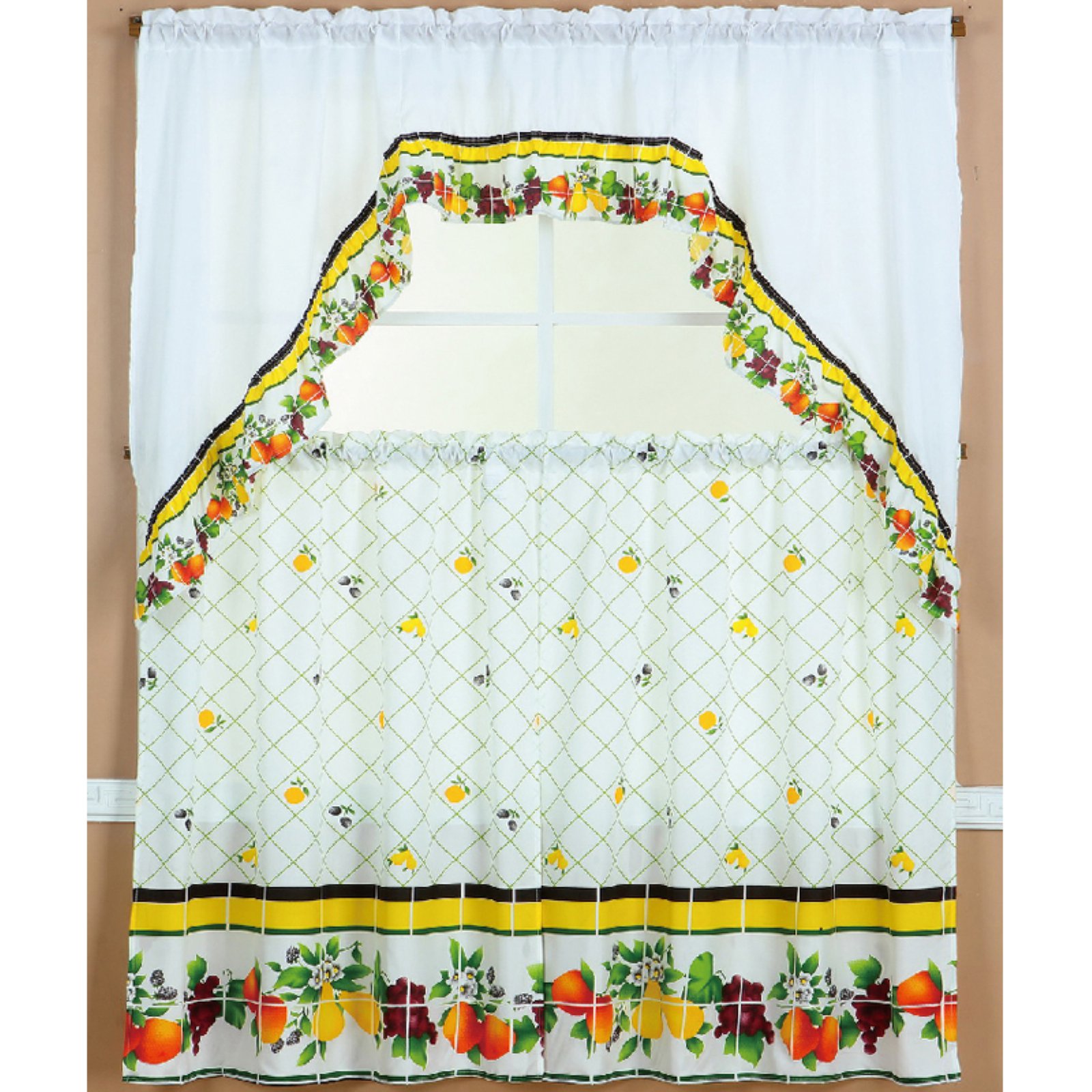 White Polyester Fruit Medley Kitchen Curtain Set