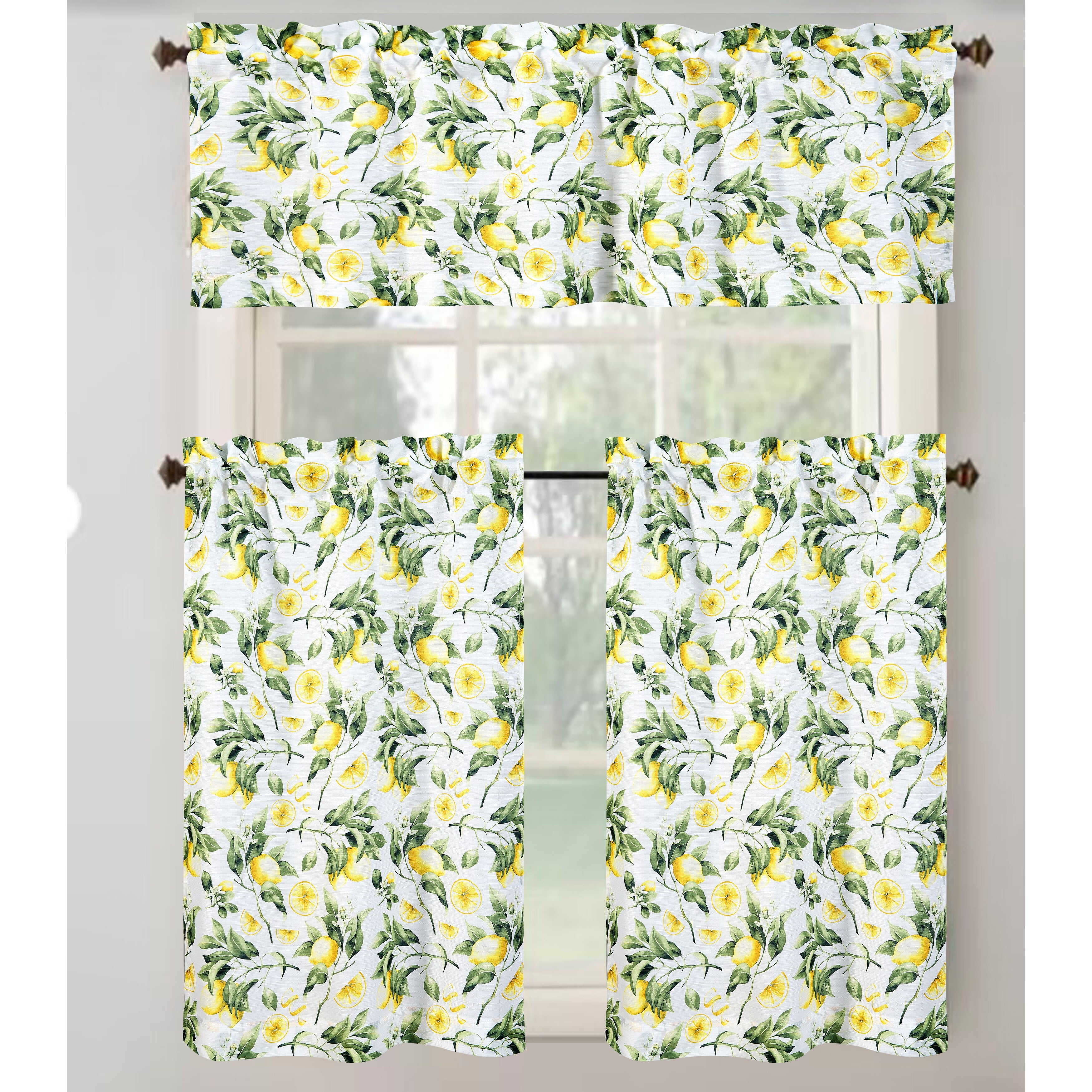 White and Yellow Lemon Print Polyester Kitchen Curtain Set