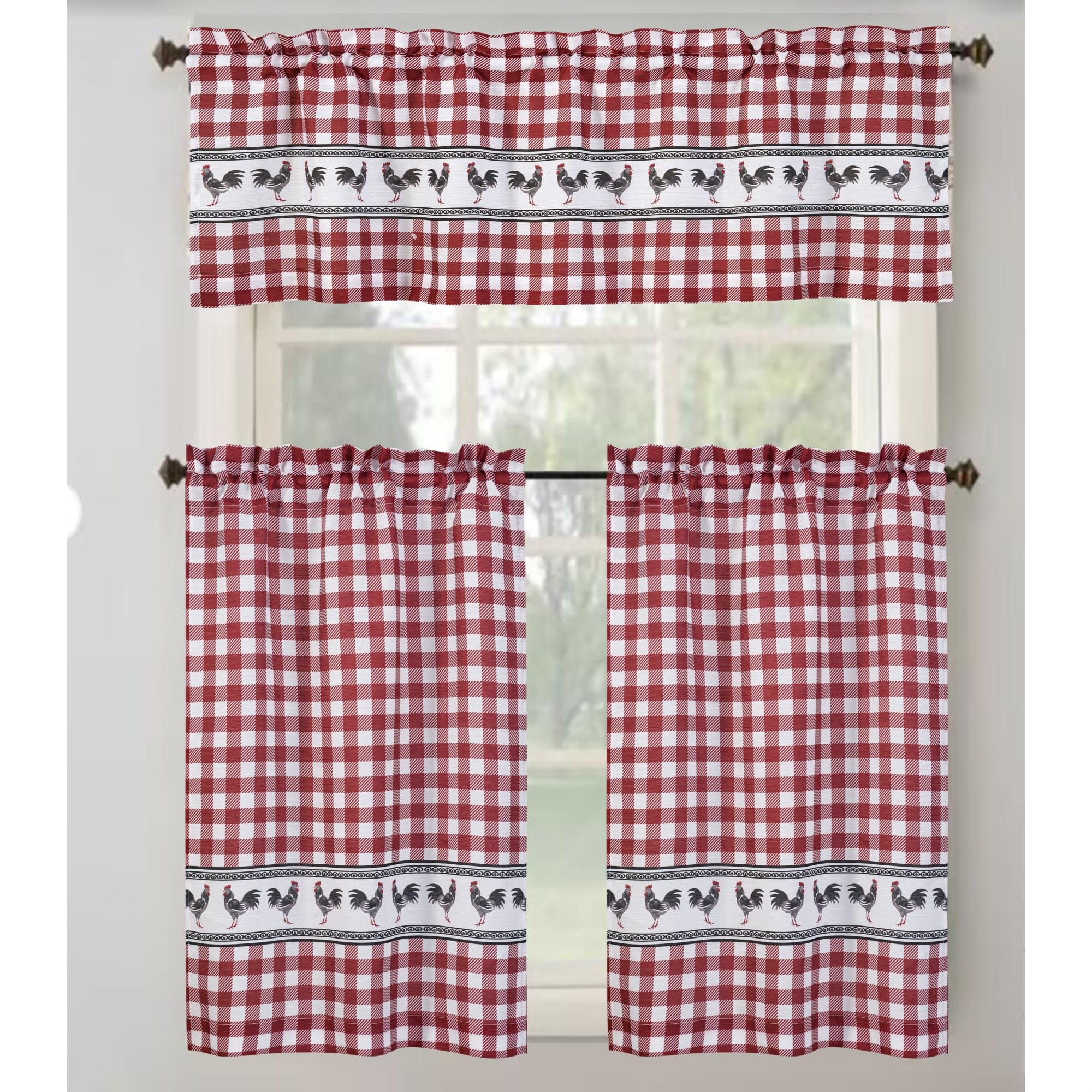 Red Gingham Rooster Print Polyester Kitchen Curtain Set