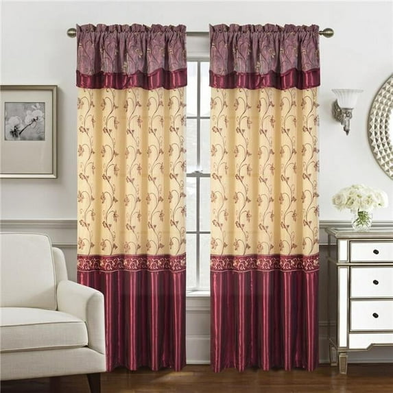 RT Designers Collection 90 in. Pia Embroidered Panel with Double Valance, Burgundy