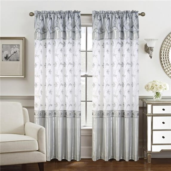 RT Designers Collection PNP48584 90 in. Pia Embroidered Panel with Double Valance, Silver