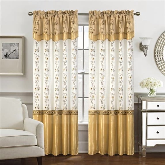 Priscilla Embroidered Panel With Double Valance 54'' x 90'' Gold