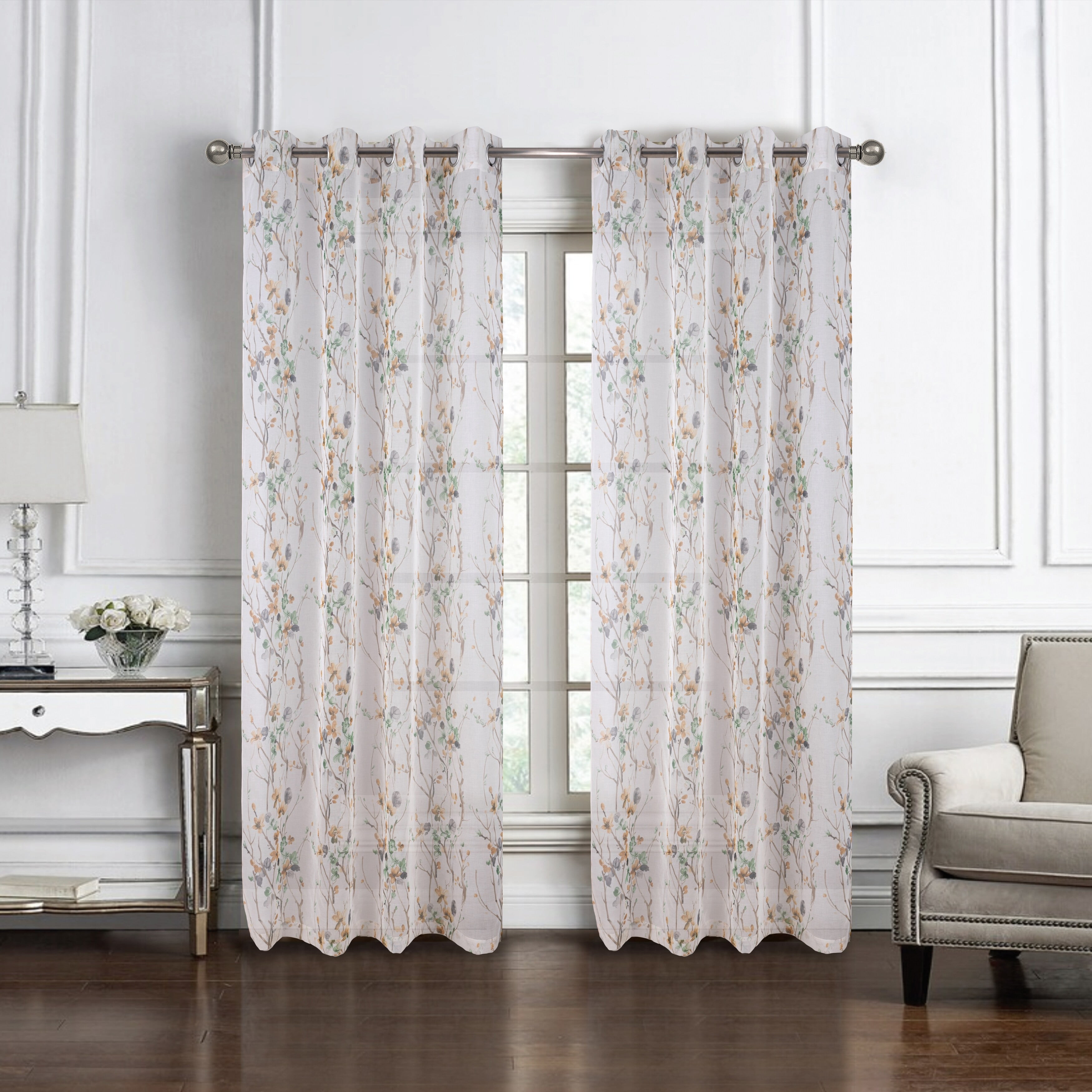 Amelia Sage Floral Sheer Grommet Window Curtain Panel 54" x 84"