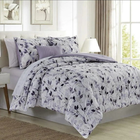 RT Designers Collection CMML16146Q Mikayla Leaves Printed Comforter Set, Lilac - Queen Size - 5 Piece
