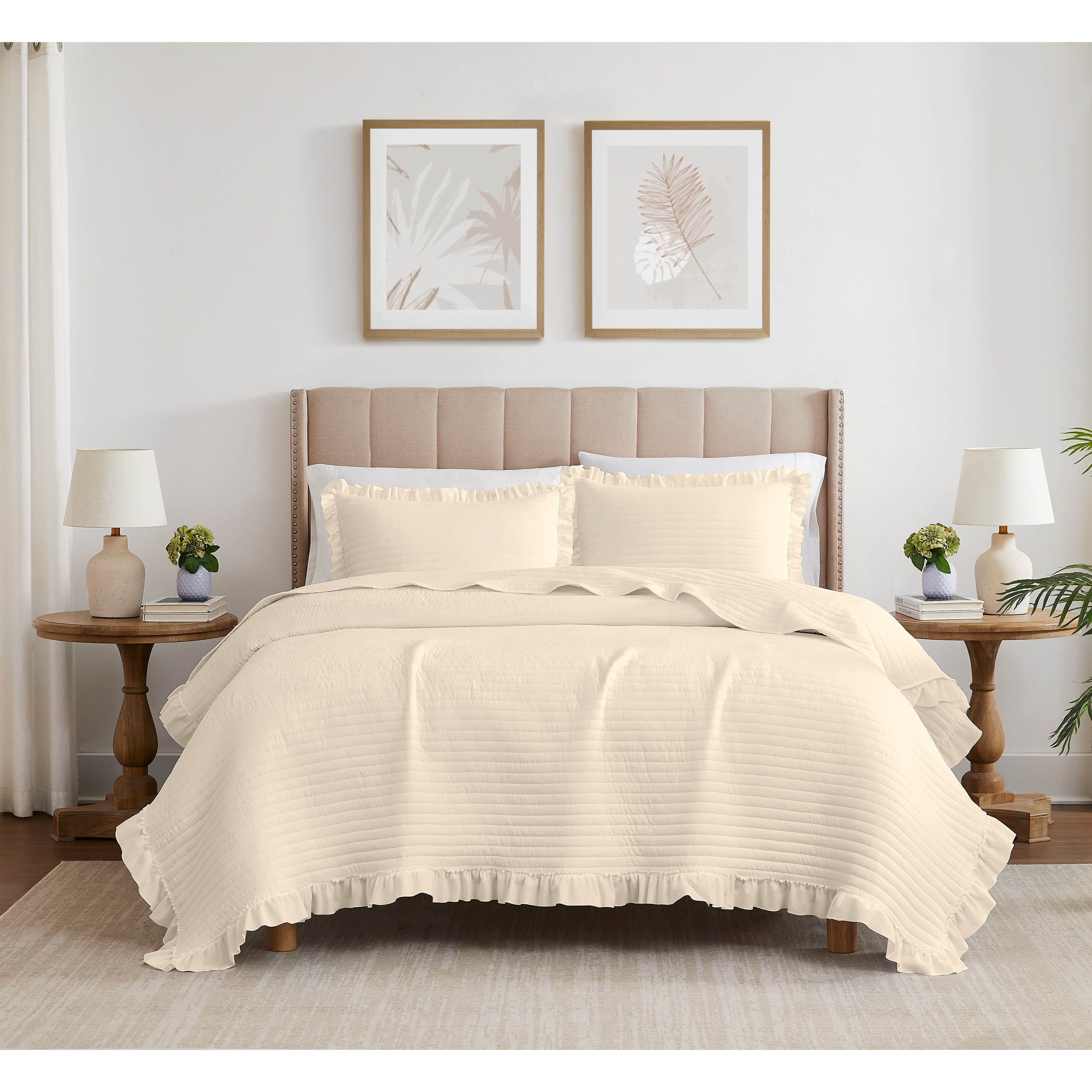 Carla Beige Queen Polyester Quilt Set with Fringe Detailing