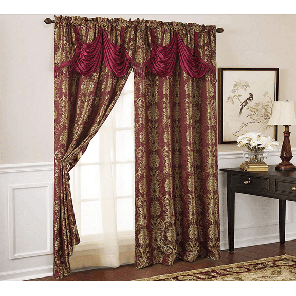 Gloria Floral/Damask Textured Jacquard 54 x 84 in. Single Rod Pocket Curtain Panel w/Attached 18 in. Valance