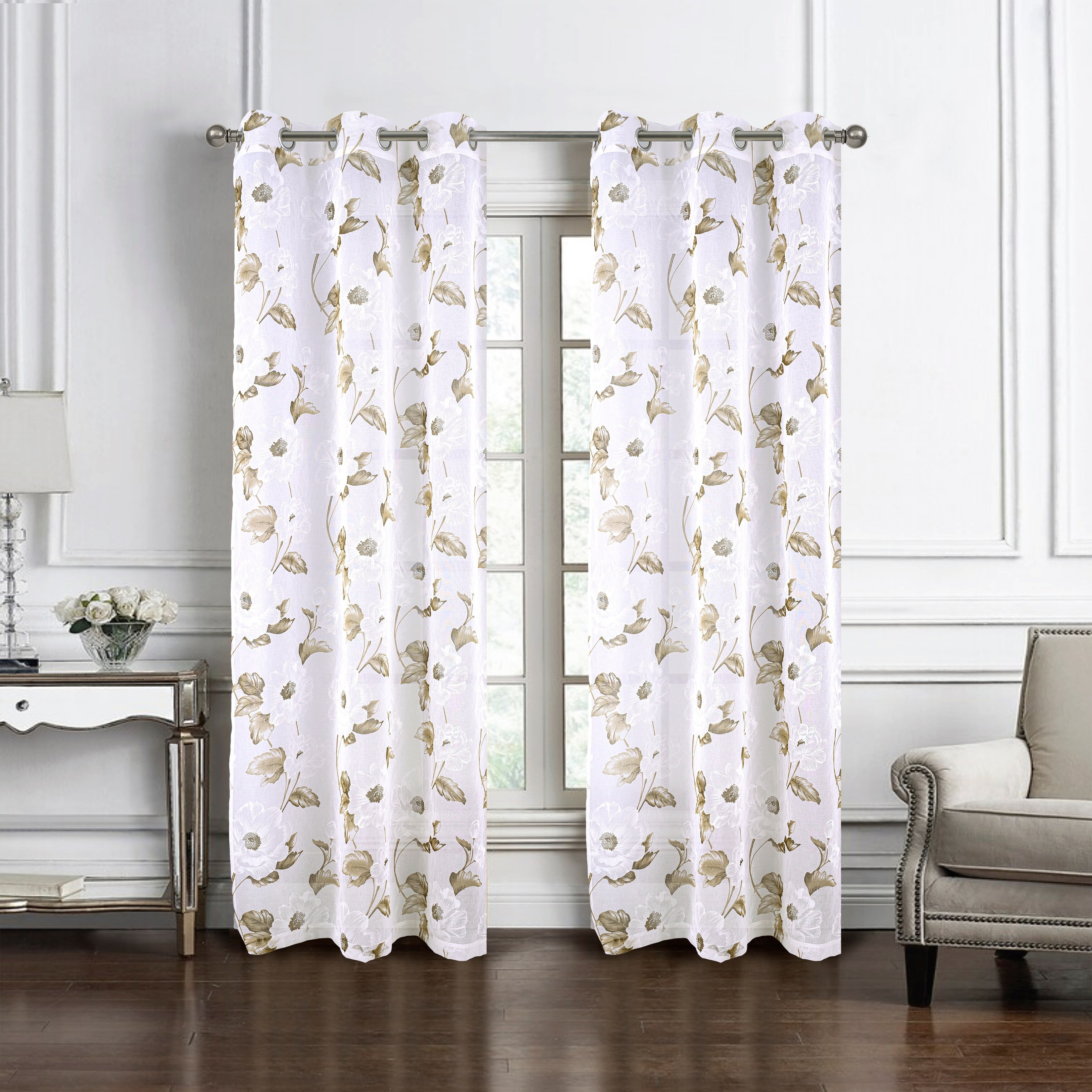 Ellie Taupe Floral Sheer Polyester Grommet Window Panel 54" x 95"