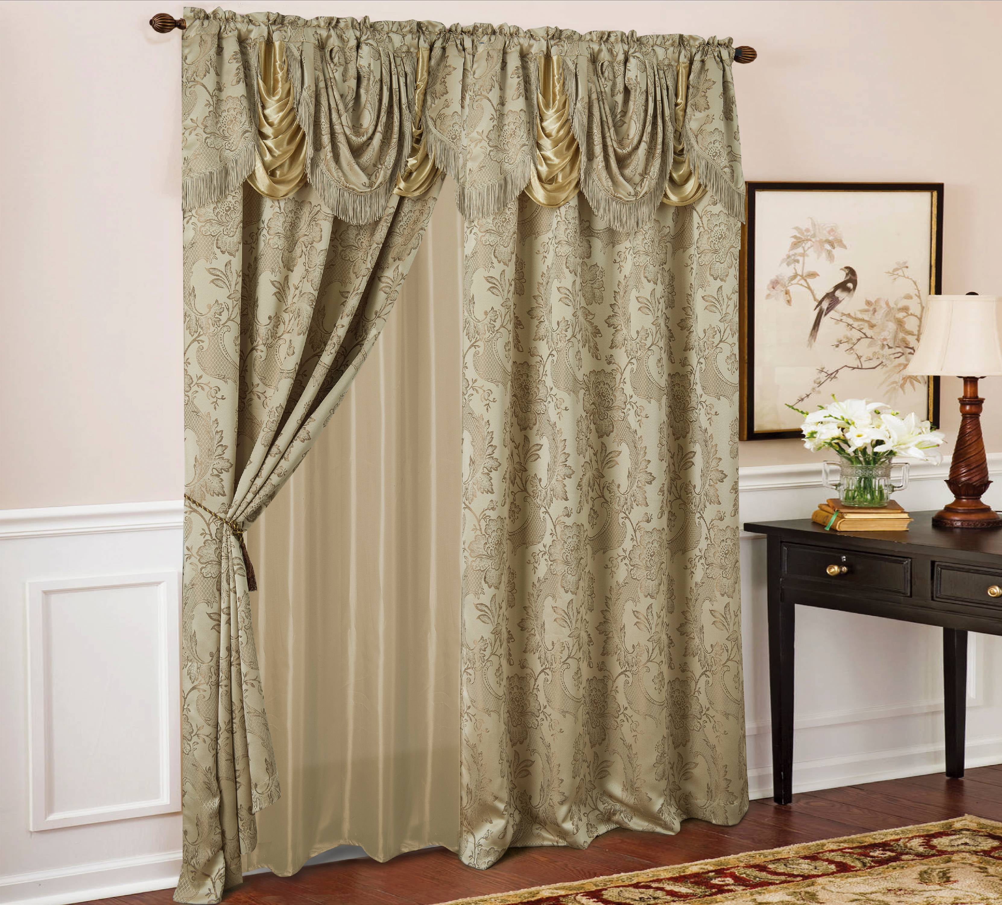 Taupe Polyester Floral Damask Jacquard Curtain Panel with Valance