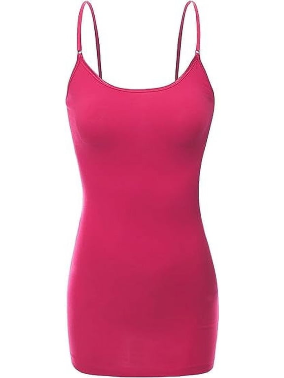 RT1002 Ladies Adjustable Spaghetti Strap Basic Long Cami Tank Top Hot-Pink S