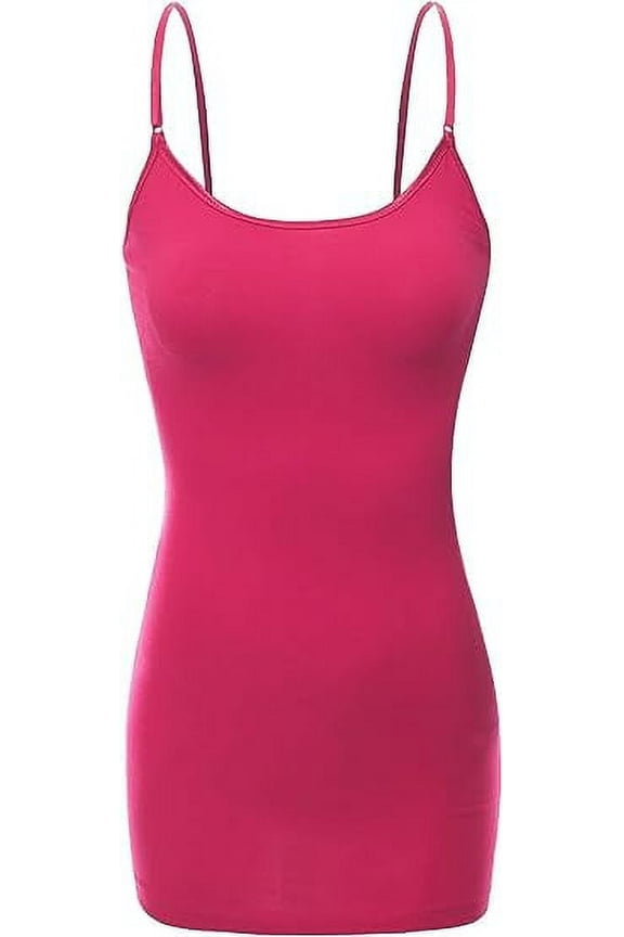RT1002 Ladies Adjustable Spaghetti Strap Basic Long Cami Tank Top Hot-Pink S