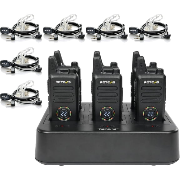 RT22S 2 Way Radios Rechargeable,Long Range Walkie Talkies with Earpiece and Mic Set,Channel Display,Signal Prompt,Handsfree Portable Two-Way Radio(6 Pack) with 6 Way Multi Gang Charger