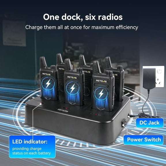 RT22S 2 Way Radios Rechargeable,Long Range Walkie Talkies with Earpiece and Mic Set,Channel Display,Signal Prompt,Handsfree Portable Two-Way Radio(6 Pack) with 6 Way Multi Gang Charger