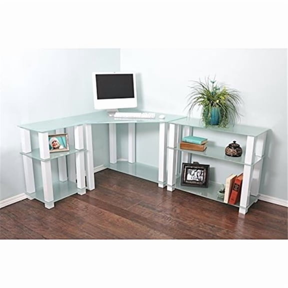 RTA Home & Office CT-013125W Frosted Tempered Glass Gloss White Corner Computer Desk with Left & Right Extention Table