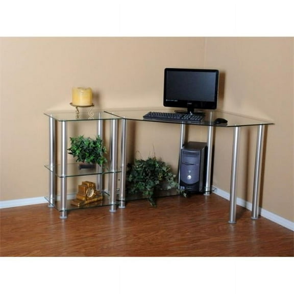 RTA Home and Office CT-0135 Clear Tempered Glass Corner Computer Desk with Right Extention table