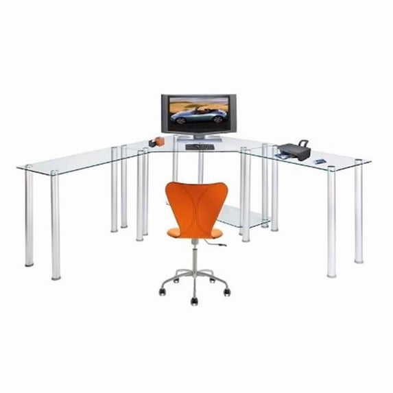 RTA Home and Office Clear Tempered Glass Corner Computer Desk with Left and Right Extention tables