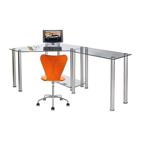 RTA Home and Office Clear Tempered Glass Corner Computer Desk with Right Extention table