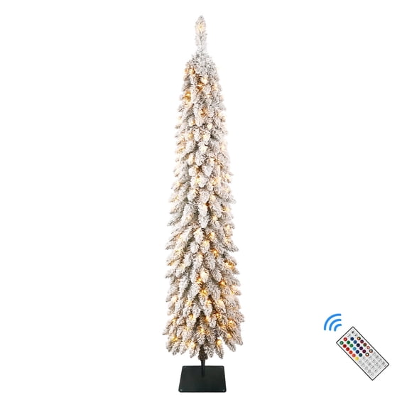 RTB-Alupssuc 3.5ft Pre-Lit Snow Flocked Pencil Christmas Tree with Remote Controlled Multi-Color RGB Lights, 161 Branch Tips, 80 PreLit Multi-Color RGB Lights, for Holiday Office Home Party Decor
