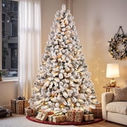 Lolsea 7.5ft Prelit Snow Flocked Artificial Holiday Christmas Tree w/ Warm White Lights, Foldable Stand, Full Snow Branch Tips