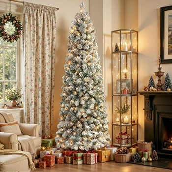 Alupssuc 7.5ft Prelit Snow Flocked Artificial Pencil Christmas Tree with Warm White Lights, Full Branch Tips, Perfect Choice Decoration for Xmas Holiday