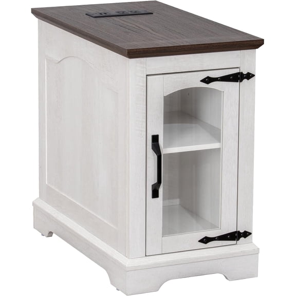 RTC GROUP Narrow Farmhouse End Table with Charging Station, Bedside Table with Storage Cabinet, 2 AC Outlets & 2 USB Ports, Side Table for Bedroom, Living Room, Couch or Sofa, White Oak