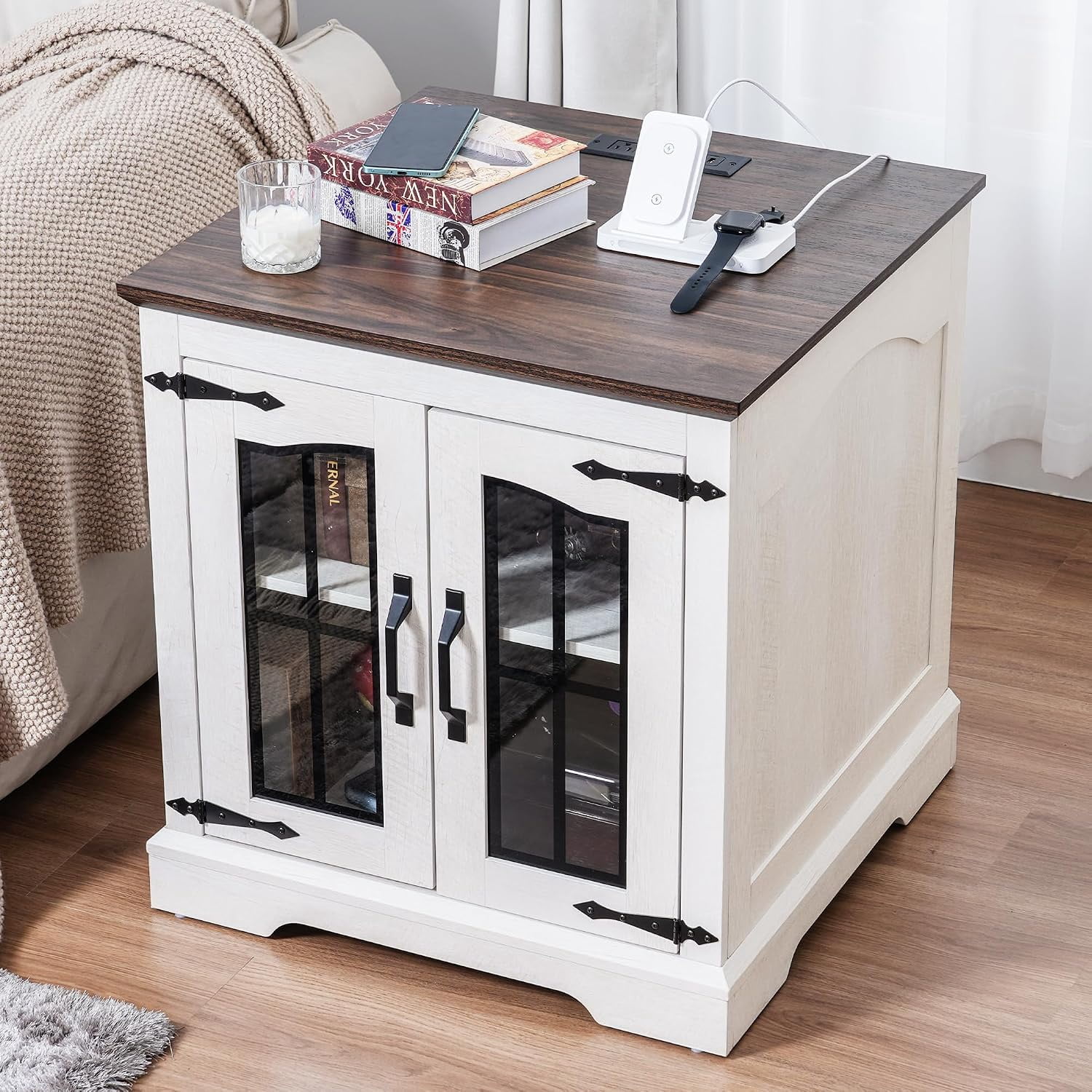 RTC Group Farmhouse Nightstand with Charging Station – White End Table with Storage for Bedroom & Living Room