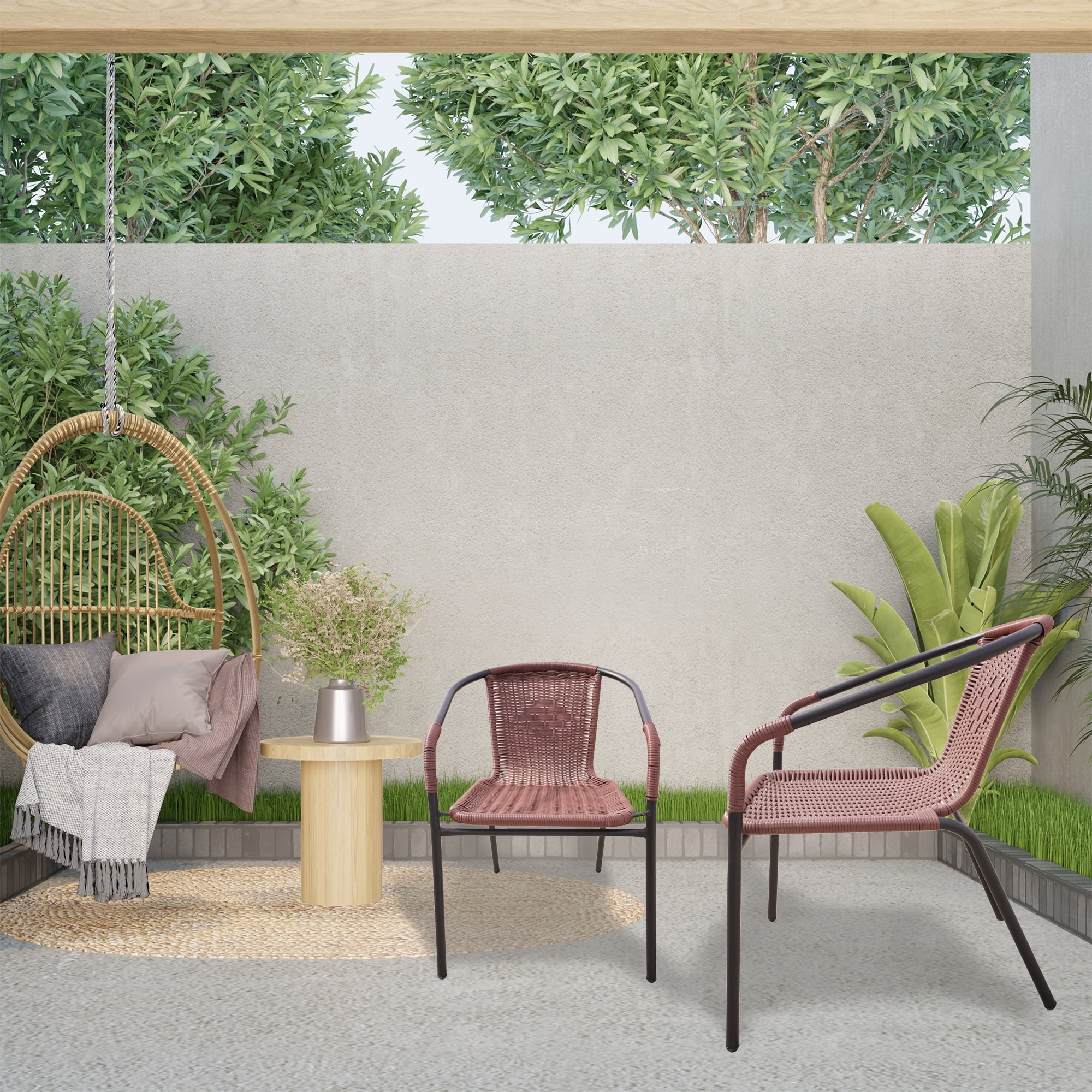 RTC Group Furniture Stackable Rattan Dining Chair, Set of 4 for Indoor/Outdoor Patio Restaurant, Porch, Backyard Dark Brown