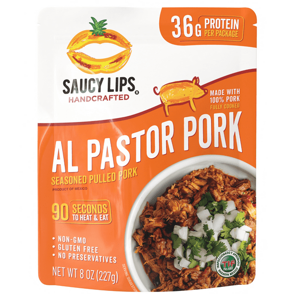 Saucy Lips Ready-To-Eat Al Pastor Seasoned Pulled Pork, 36g Protein, 8 oz Pouch