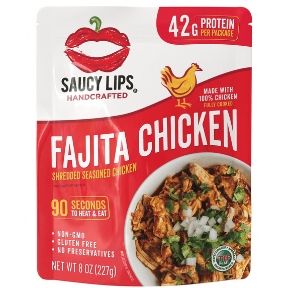 Saucy Lips Ready-To-Eat Fajita Shredded Chicken, Shredded & Seasoned, 42g Protein, 8 oz Pouch