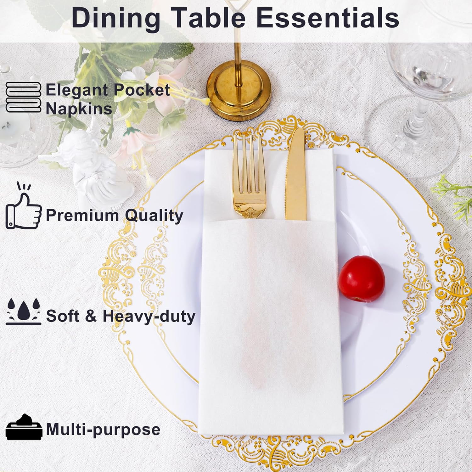 50 Pack White Disposable Pocket Napkins - Linen Feel, Prefolded With Flatware Pocket For Weddings & Parties