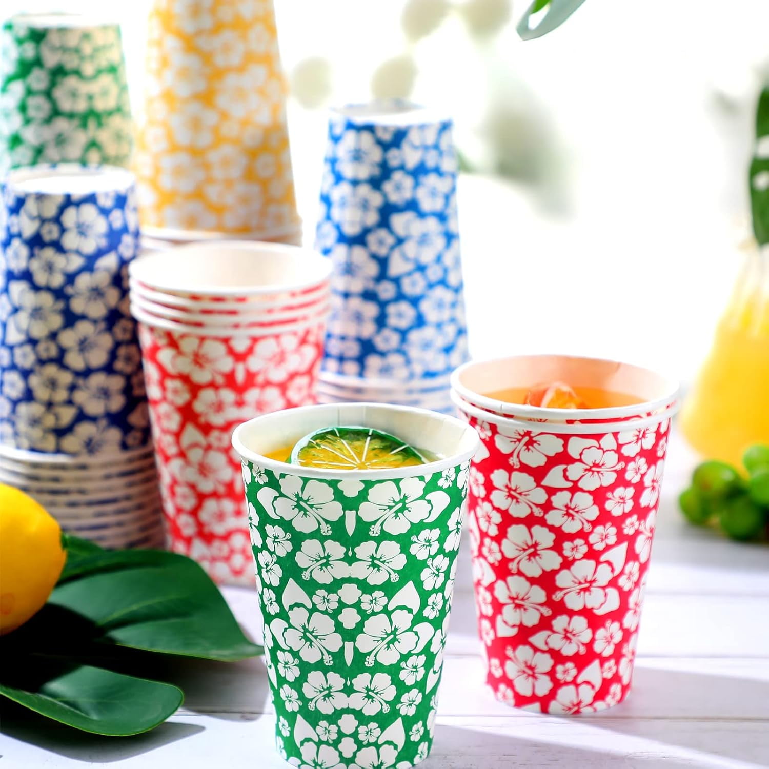 RTHG-120 Pcs 12 oz Luau Cups Hawaiian Party Paper Cups Disposable Summer Hibiscus Tiki Party Drinking Supplies for Hawaiian Summer Tropical Luau Beach Birthday Supplies