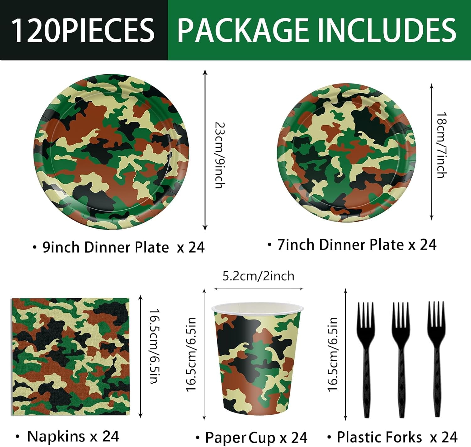 RTHG-120pcs Camo Plates Napkins Camouflage Birthday Party Supplies Boy Camouflage Hunting Military Paper Tableware Set Disposable Cups Black Forks 24 Serve